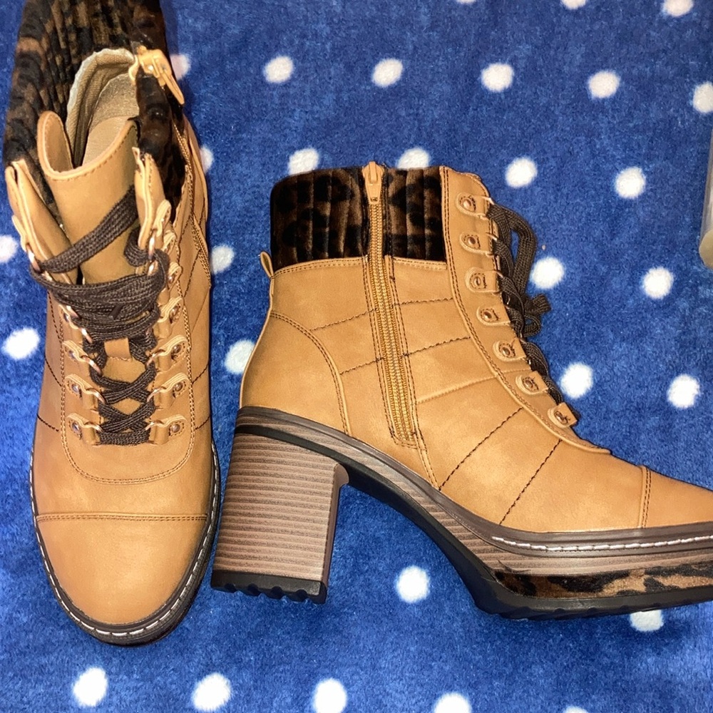 Never Worn- Tan Lace Up Boots with Chunky Heel and Rugged Style & Leopard Print